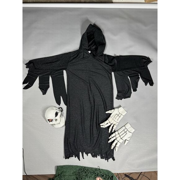 Halloween Mask Scary Skeleton Head Red Eyes & Gloves with Shimmer Robe Youth XL - Picture 1 of 3